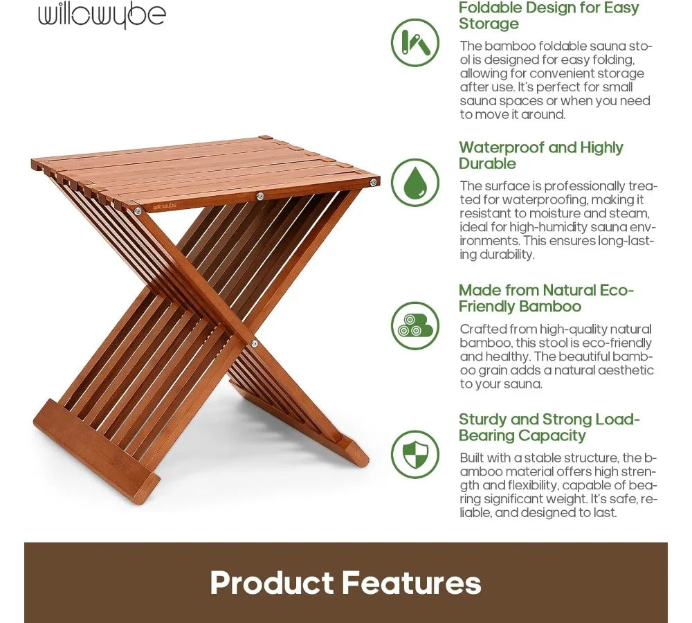Folding Bamboo Wood Stool - Waterproof Sauna Shower Bench, Compact Multi-Use Seat for Bathroom & Steam Room