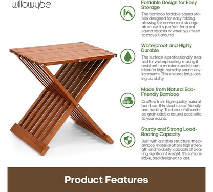 Folding Bamboo Wood Stool - Waterproof Sauna Shower Bench, Compact Multi-Use Seat for Bathroom & Steam Room