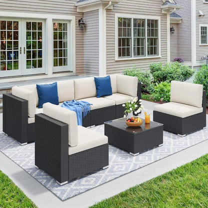 7 Pieces Patio Furniture Set, Sectional Sofa PE Rattan Wicker Conversation Set Outside Couch with Table and Cushions for Porch