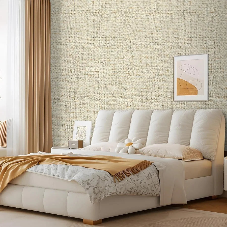 Wallpaper, Beige Grass cloth Waterproof Peel and Stick 15.75inchx118.11inch Self Adhesive Removable Wallpaper