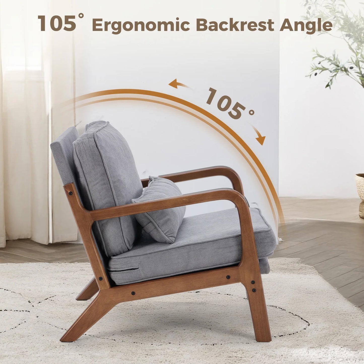 Mid Century Modern Chair Solid Wooden Frame Accent Chair with Arms and Waist Cushion Reading Chairs for Adults Lounge Chair