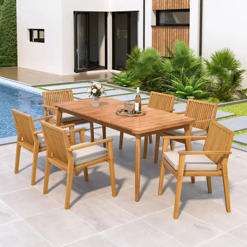 7-Pc Acacia Wood Outdoor Dining Set, 72" Slatted Table & 6 Chairs with Cushions for Patio Garden Dining
