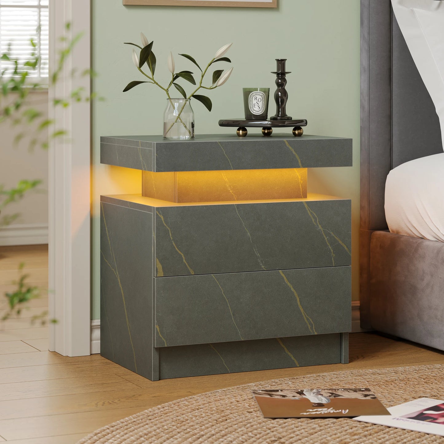 LED Nightstands with 2 Drawers, End Table with RGB LED Lights for Bedroom Living Room, White Bedside Table