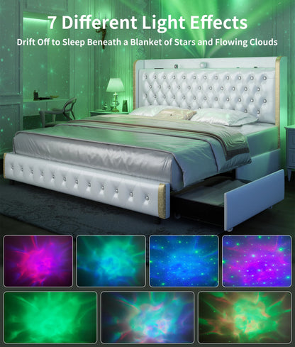 Queen LED Bed Frame with Galaxy Projector, Bluetooth Speaker, USB Ports, 4 Drawers, No Box Spring Needed