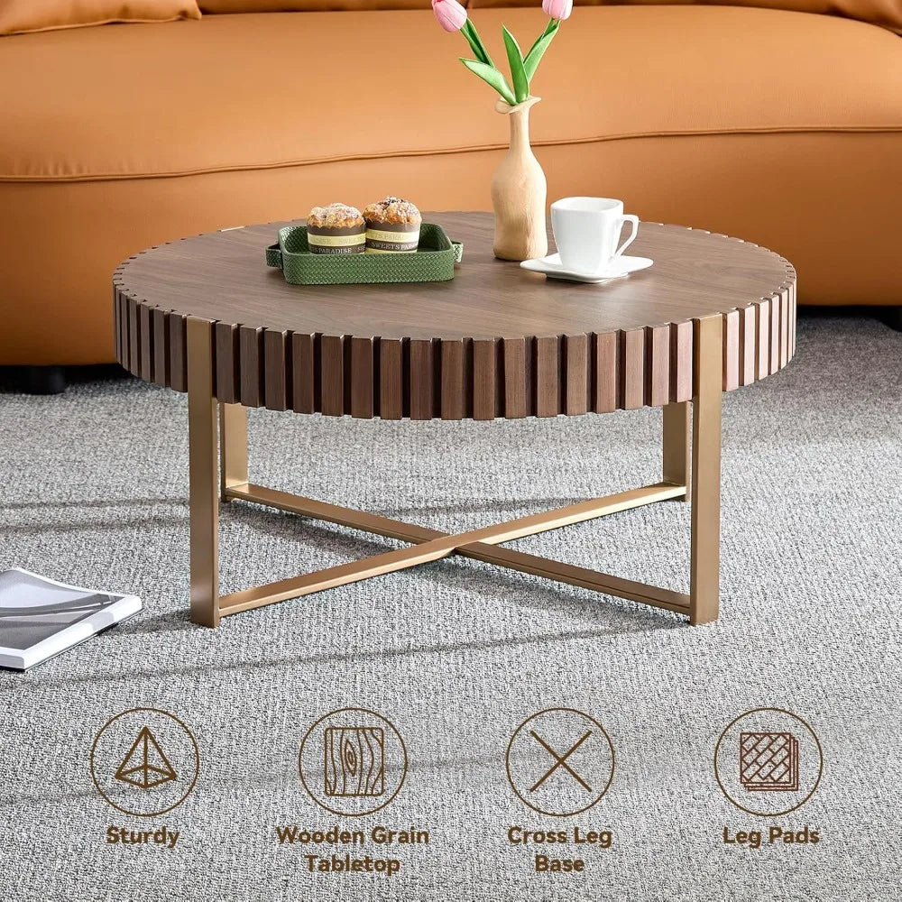 31.5'' Round Coffee Table for Living Room, Solid Wood Handcraft Drum Coffee Table, Wooden Felief Coffee Table, Stainless Steel