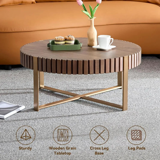31.5'' Round Coffee Table for Living Room, Solid Wood Handcraft Drum Coffee Table, Wooden Felief Coffee Table, Stainless Steel