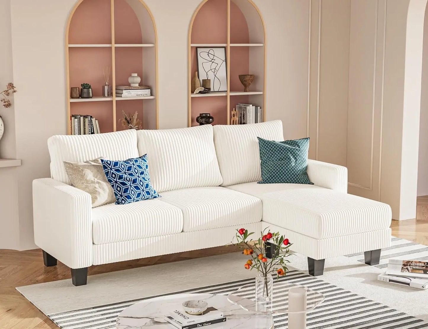 L-Shaped 3-Seater Sofa - Convertible Chaise Corduroy Couch for Small Spaces