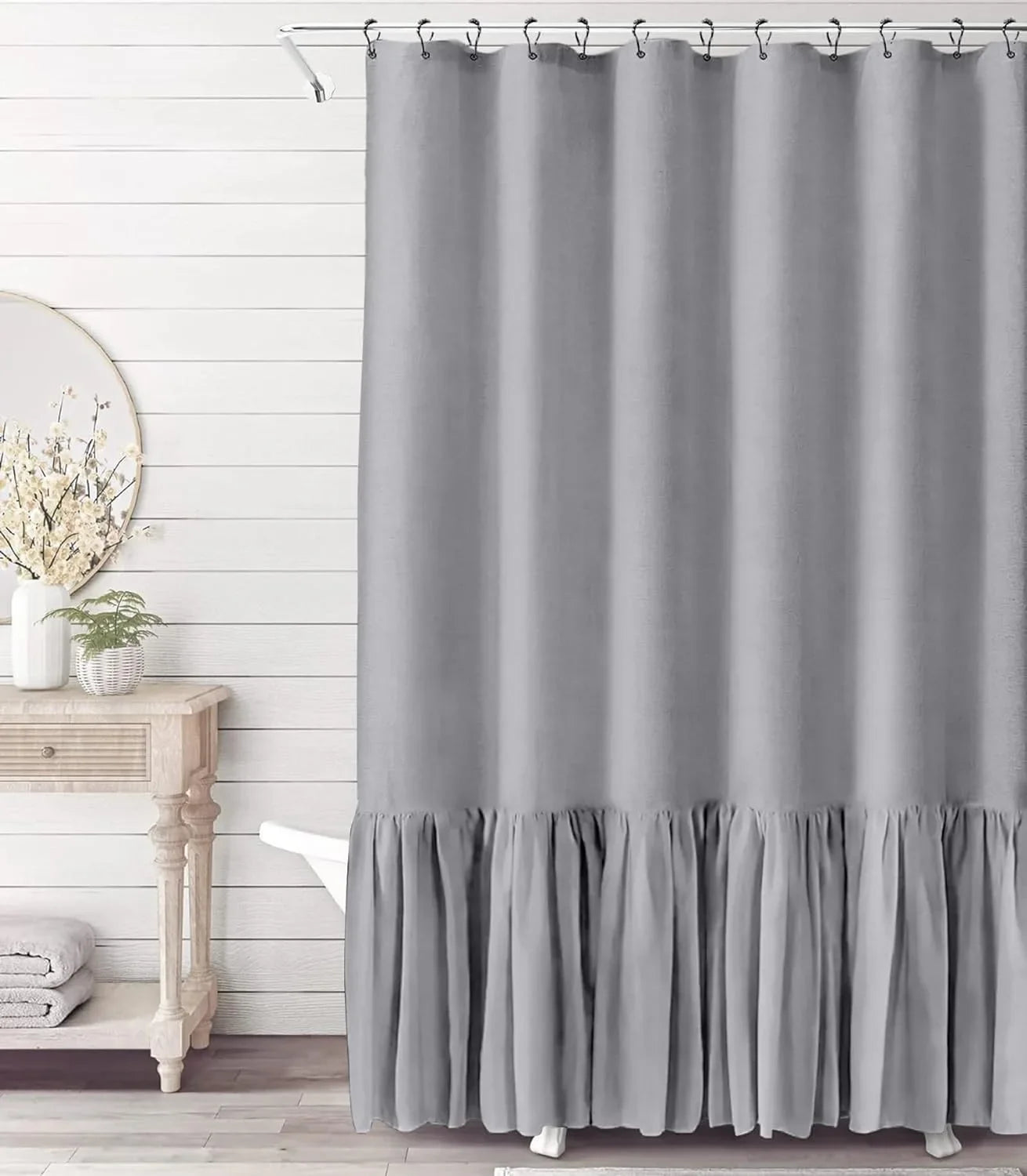Cotton Linen Plain Shower Curtain with 12 Hooks Waterproof Floral Falbala Ruffle Edge Frill Scalloped Hem Decor Bathroom