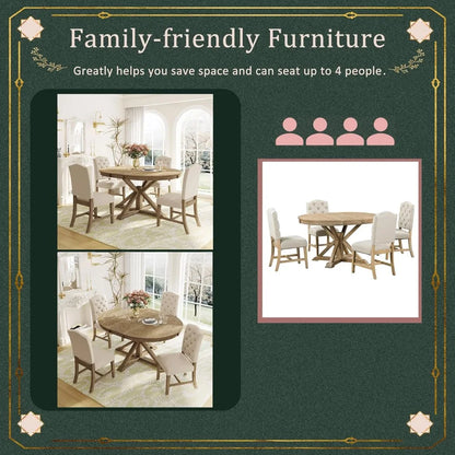 retro 4-person extendable dining table set, 5-piece dinette set with upholstered chairs and cross base, kitchen dining room bar