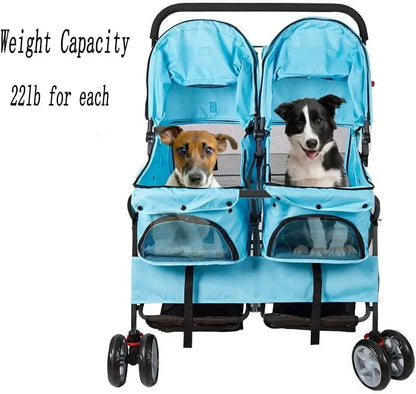 Double Pet Stroller, Foldable Double Dog Stroller for 2 Dogs Cats with 4 Wheels, Twin Walk Jogger Travel Pet Carriage Cart
