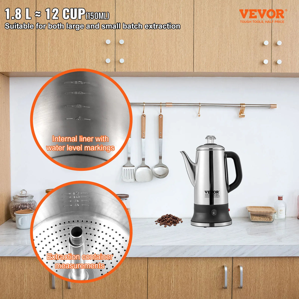 12-Cup Electric Percolator Coffee Pot 304 Stainless Steel Coffee Percolator with Keep Warm Function