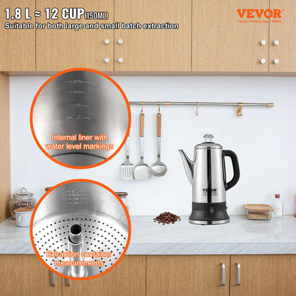 12-Cup Electric Percolator Coffee Pot 304 Stainless Steel Coffee Percolator with Keep Warm Function