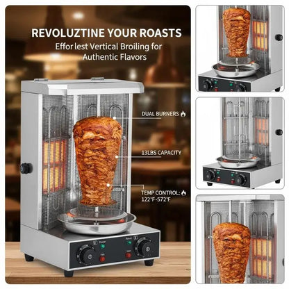 Vertical Broiler Gyro Rotisserie Oven 13lbs Capacity For Home Commercial Kitchen Party, 2 Burners 122℉-572℉ Temperature Control Meat Roaster Machine Doner Kebab Cooker
