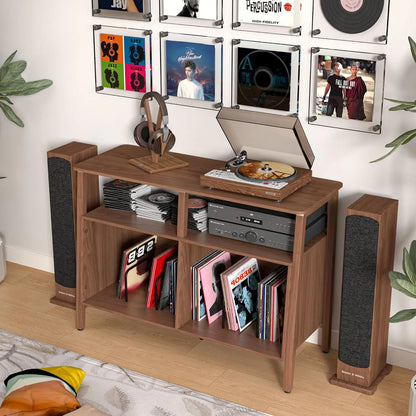 Mid Century Turntable Stand Table with Open Storage Holds up to 300 Albums, Vinyl Record Storage Display Shelf for Living Room