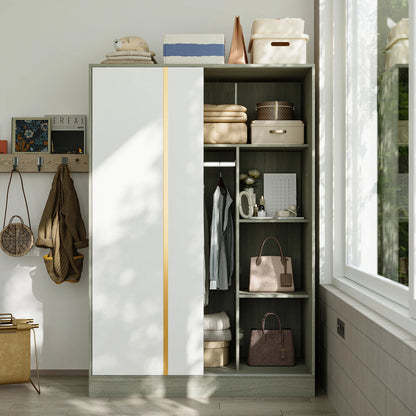 Wardrobe Armoire with Sliding Doors & Storage Compartments, Clothes Cabinet with Hanging Rod for Bedroom