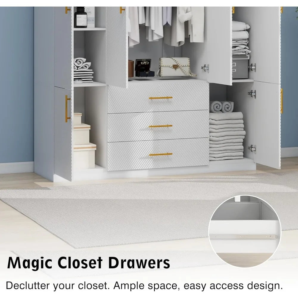 Wooden Armoire Wardrobe Closet：Large Wardrobe Closet with 4 Doors, 3 Drawers for Tall Cabinet, Wardrobe Cabinet for Bedroom with