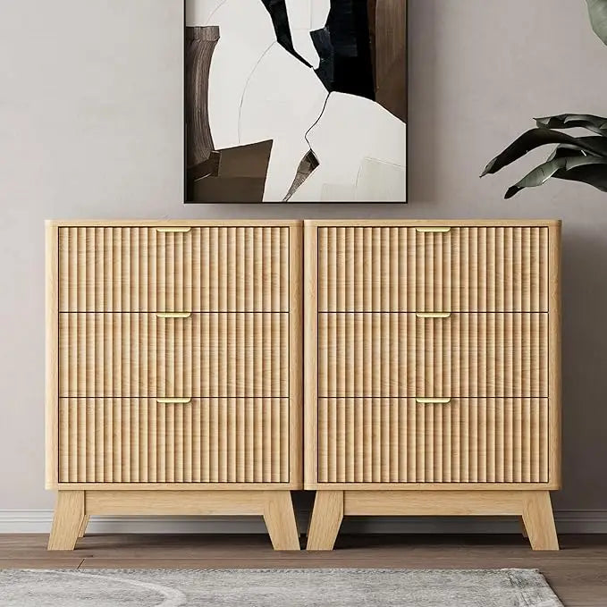 Night Stand Set 2,Mid Century Modern Fluted Wood Nightstand with Drawers & Metal Handles, Farmhouse Nightstand for Bedroom