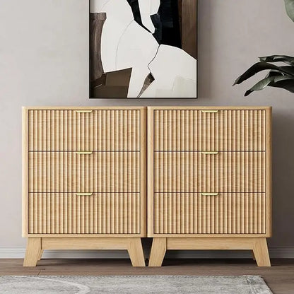 Night Stand Set 2,Mid Century Modern Fluted Wood Nightstand with Drawers & Metal Handles, Farmhouse Nightstand for Bedroom