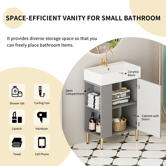 21.6" Open-shelving Bathroom Vanity with Ceramic Sink and Soft-Closing Door, Cloakroom Open Shelf Storage Cabinet on the Left