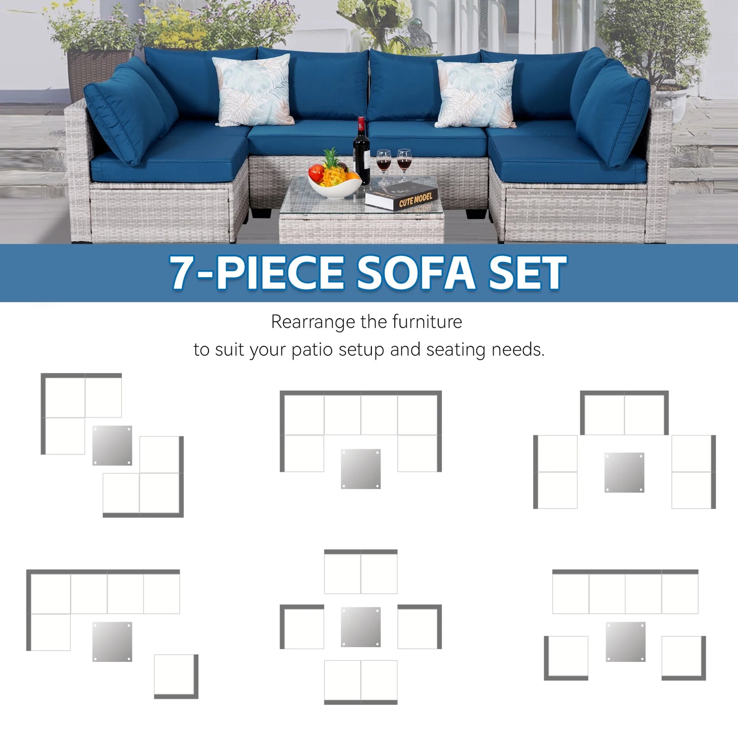 Outdoor Patio Furniture, 7 Piece Outdoor Sectional Sofa PE Rattan Wicker Patio Conversation Sets with Thick Cushions