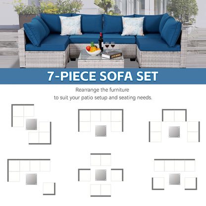 Outdoor Patio Furniture, 7 Piece Outdoor Sectional Sofa PE Rattan Wicker Patio Conversation Sets with Thick Cushions