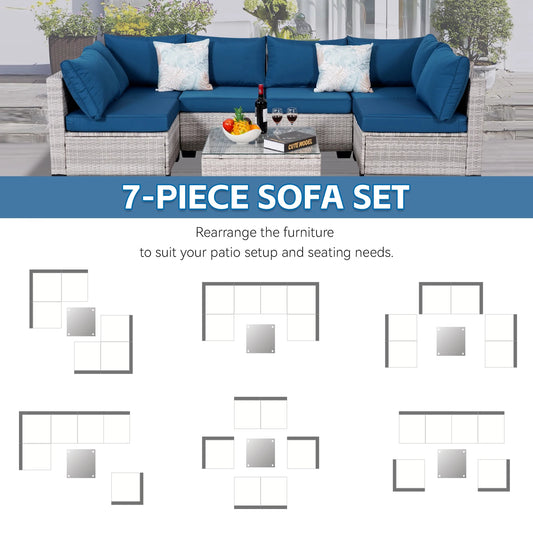 Outdoor Patio Furniture, 7 Piece Outdoor Sectional Sofa PE Rattan Wicker Patio Conversation Sets with Thick Cushions