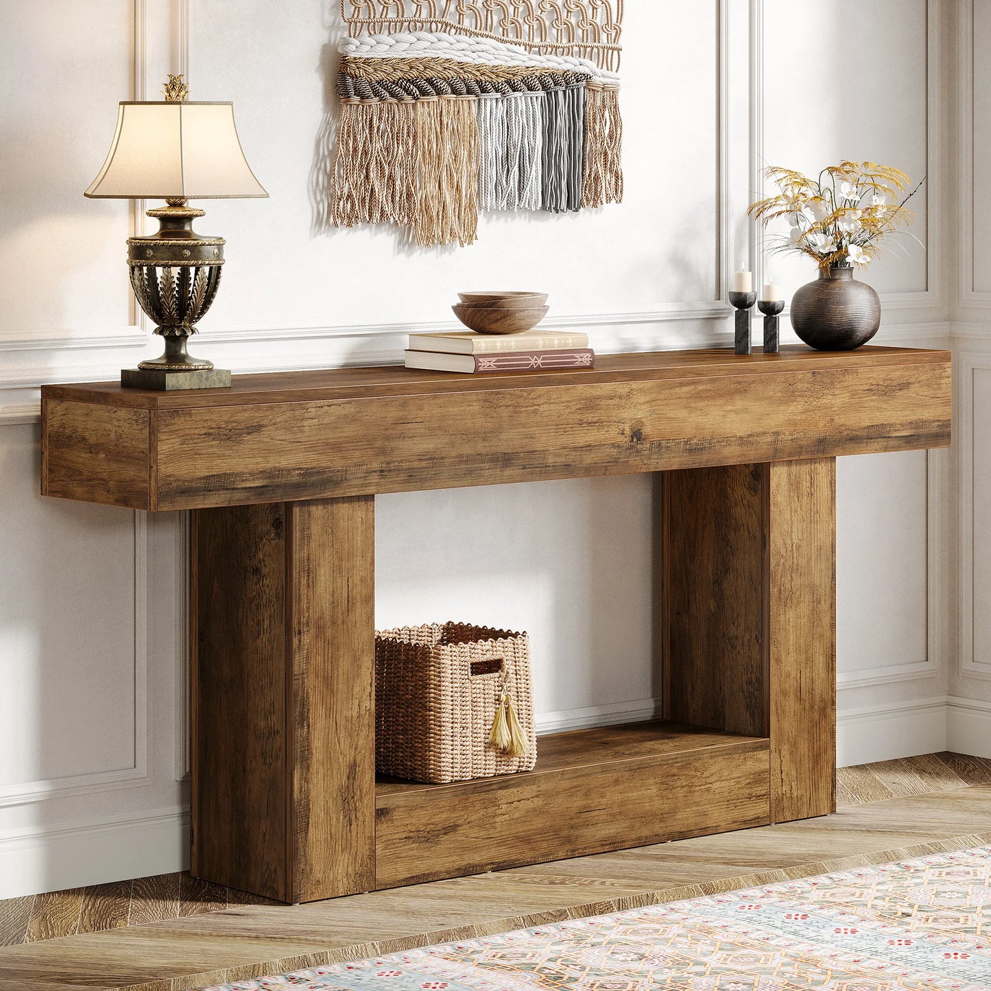 63" Console Table, Farmhouse 2-Tier Entryway Table with U-Shaped Base, Narrow Long Wood Sofa Table Behind Couch Table