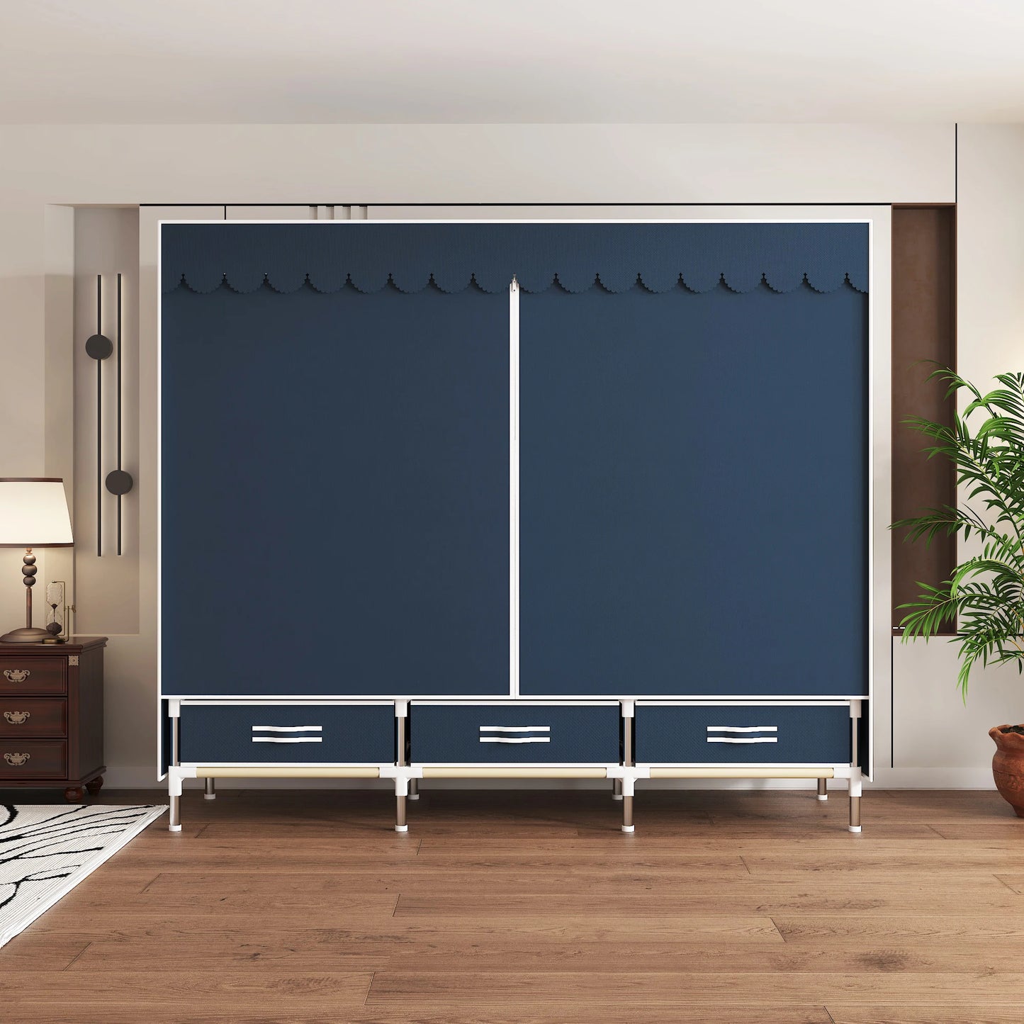 Portable Wardrobe Closet with Steel Frame Non-Woven Fabric Dust Cover - Includes Storage Compartment And Drawers for Bedroom