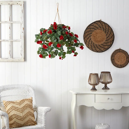 24” Begonia Flower Artificial Plant in Hanging Basket Home Decor.