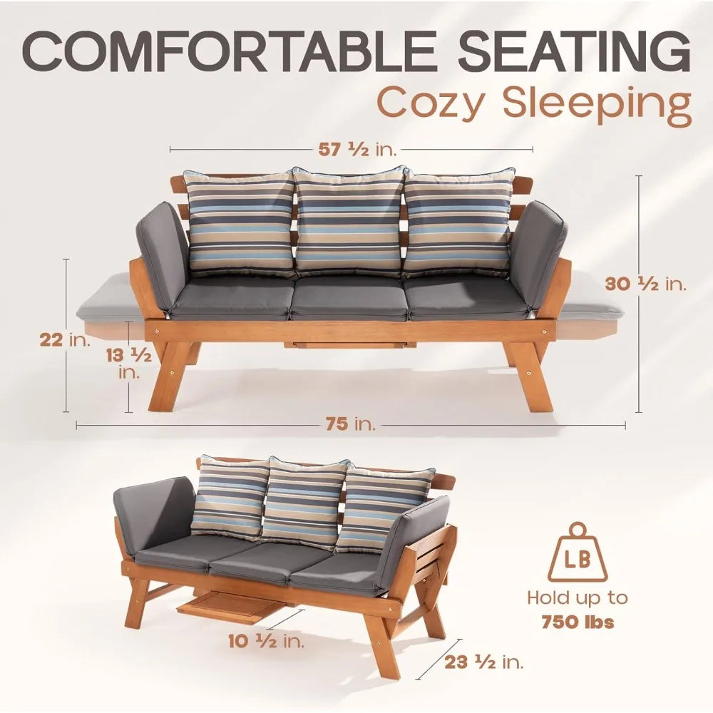 Outdoor Sofa, 750lbs Capacity Patio Couch with Folding Armrest & Coffee Tray