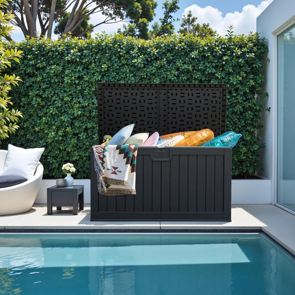 230 Gallon HDPE Black Outdoor Storage Box with Removable Dividers, Weatherproof Oversized Deck Box for Patio ,Garage