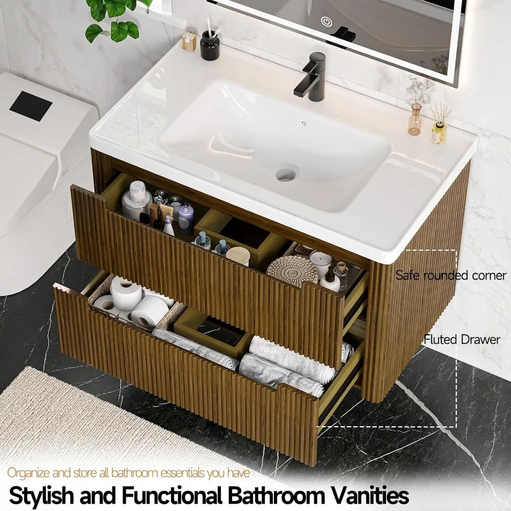 Modern Bathroom Vanity with Sink Combo,Curved Floating Bath Vanity with 2 Soft Close Drawer,Wall Mount Bathroom18.8Dx24Wx20.2"H