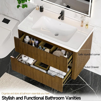 Modern Bathroom Vanity with Sink Combo,Curved Floating Bath Vanity with 2 Soft Close Drawer,Wall Mount Bathroom18.8Dx24Wx20.2"H