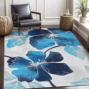 Solana Modern Floral 6'7" x 9'0" Area Rugs Non-Skid (Non-Slip) Rubber Backing Black Gray Flowers Indoor Rug