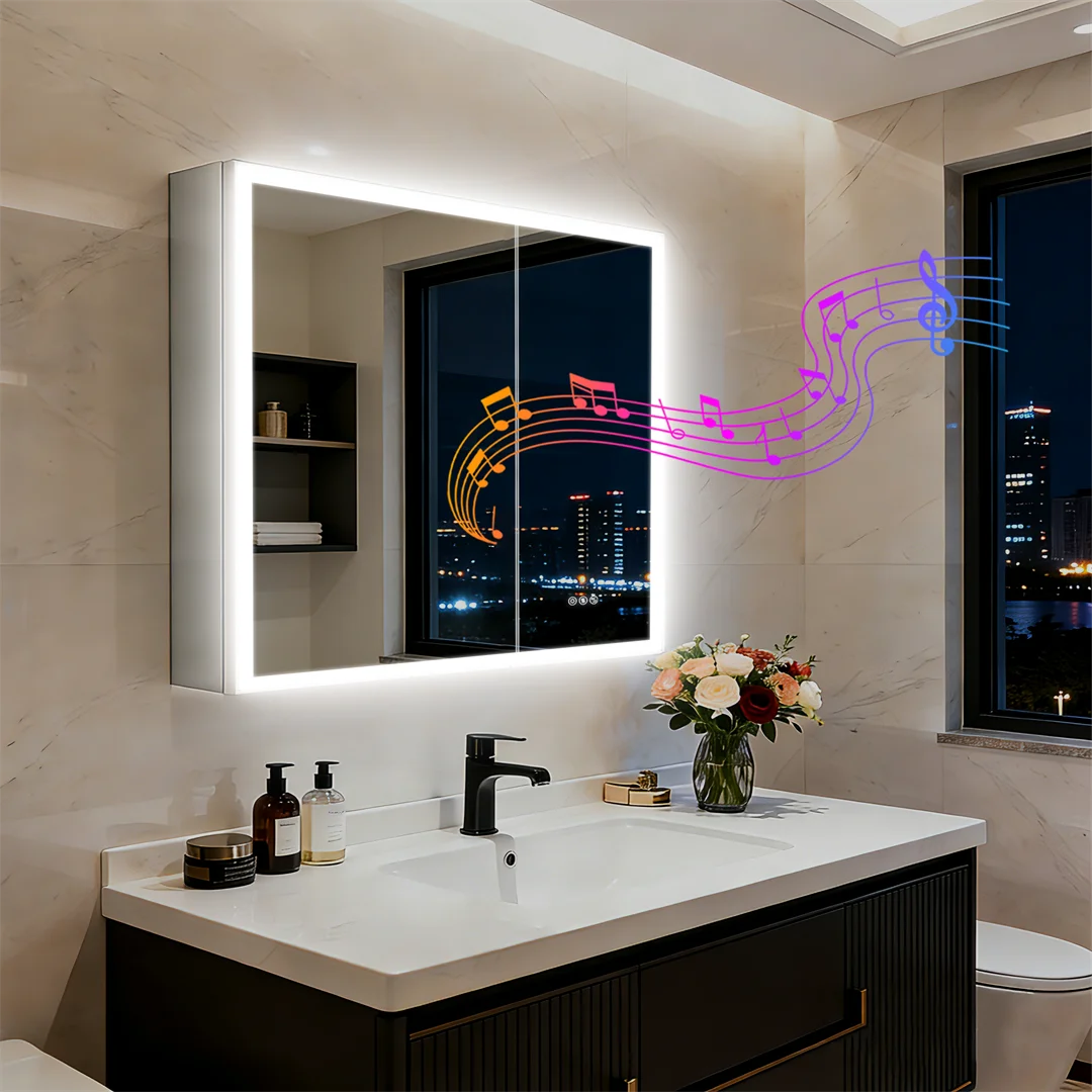 Lighted Bathroom Cabinet: Double Doors LED Lighted Mirror Bathroom Cabinet with Bluetooth Dual Speakers, Wall-Mounted Medicine C