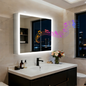 Lighted Bathroom Cabinet: Double Doors LED Lighted Mirror Bathroom Cabinet with Bluetooth Dual Speakers, Wall-Mounted Medicine C