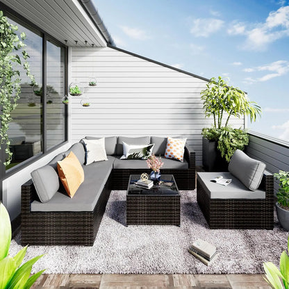 7 Pieces Patio Set, Wicker Conversation Sets with Cushion and Table, 7-Pieces Couch, Patio Furniture Set for Porch Poolside