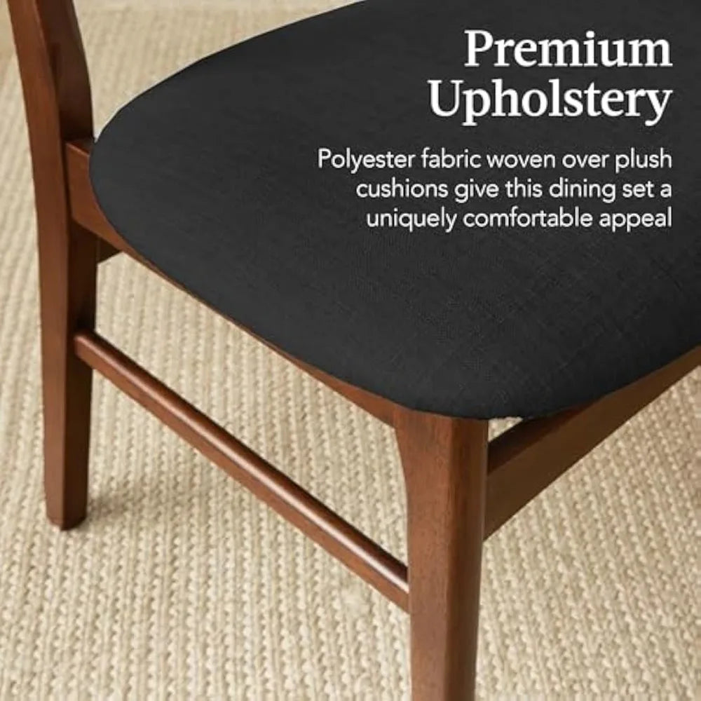 6-piece wooden dining set, mid-century modern table & upholstered chair set w/bench seat, rubberwood legs - walnut/charcoal