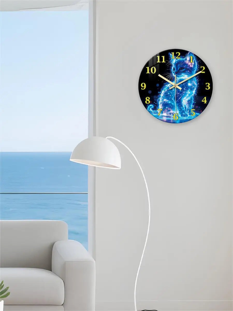 A Unique Neon Cat Tempered Glass Wall Clock, 12-24inch Round Cat-Themed Decorative Silent Clocks Powered by Batteries, Stunning Blue Galaxy Kitten Pattern, Perfect for Home and Kitchen Decoration, Also Suitable as a Valentine
