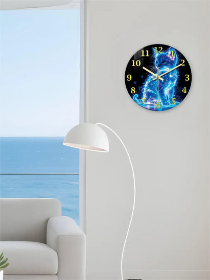 A Unique Neon Cat Tempered Glass Wall Clock, 12-24inch Round Cat-Themed Decorative Silent Clocks Powered by Batteries, Stunning Blue Galaxy Kitten Pattern, Perfect for Home and Kitchen Decoration, Also Suitable as a Valentine