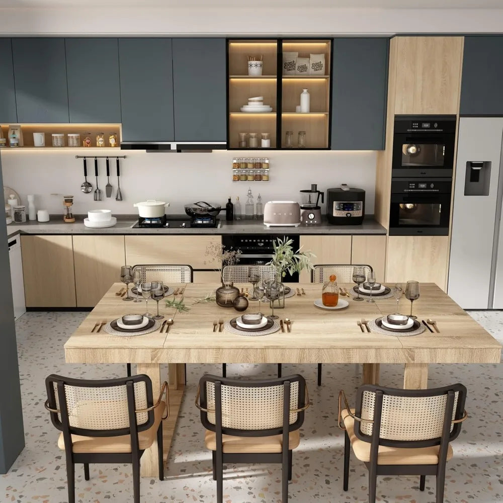 86.6" W Dining Table for 8-10 People, Versatile Modern Wooden Dinner Table Kitchen Table for Dining Room Conference Room, Light