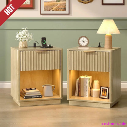 Nightstands Set of 2, 19"W Mid Century Modern Nightstand for Bedroom, Fluted Bed Side Table, Oak Night Stand
