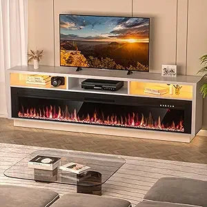 70" Fireplace TV Stand for TVs Up to 80" with 64" Electric Fireplace, TV Console for The Living Room, LED Light Entertainment C