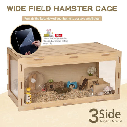 Large Wooden Hamster Cage,Habitat Shelter W/Acrylic Board,Flip Top