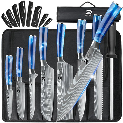 8pcs Kitchen Knife Damascus Stainless Steel Chef Knife Utility Paring Boning Cleaver Slicing Santoku Knives Nylon Bag
