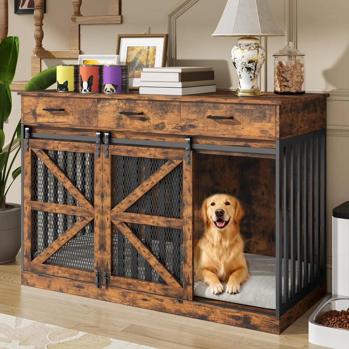 48 Inch Large Dog Crate Furniture with 3 Storage Drawers, Wooden Pet Kennel with Removable Divider
