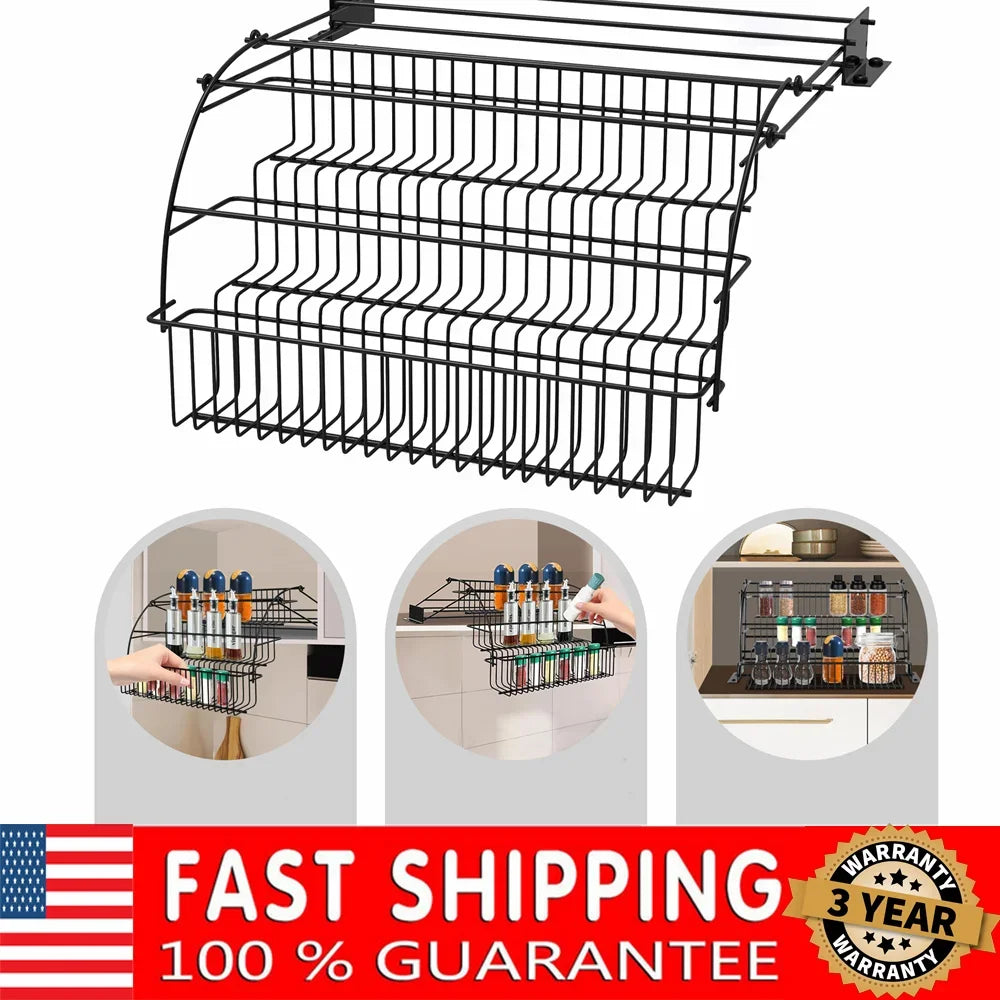 3Tier Adjustable Pull Down Spice Rack,Large Capacity Kitchen Storage Shelf Organizer Heightened Guardrail&Enlarged Mounting