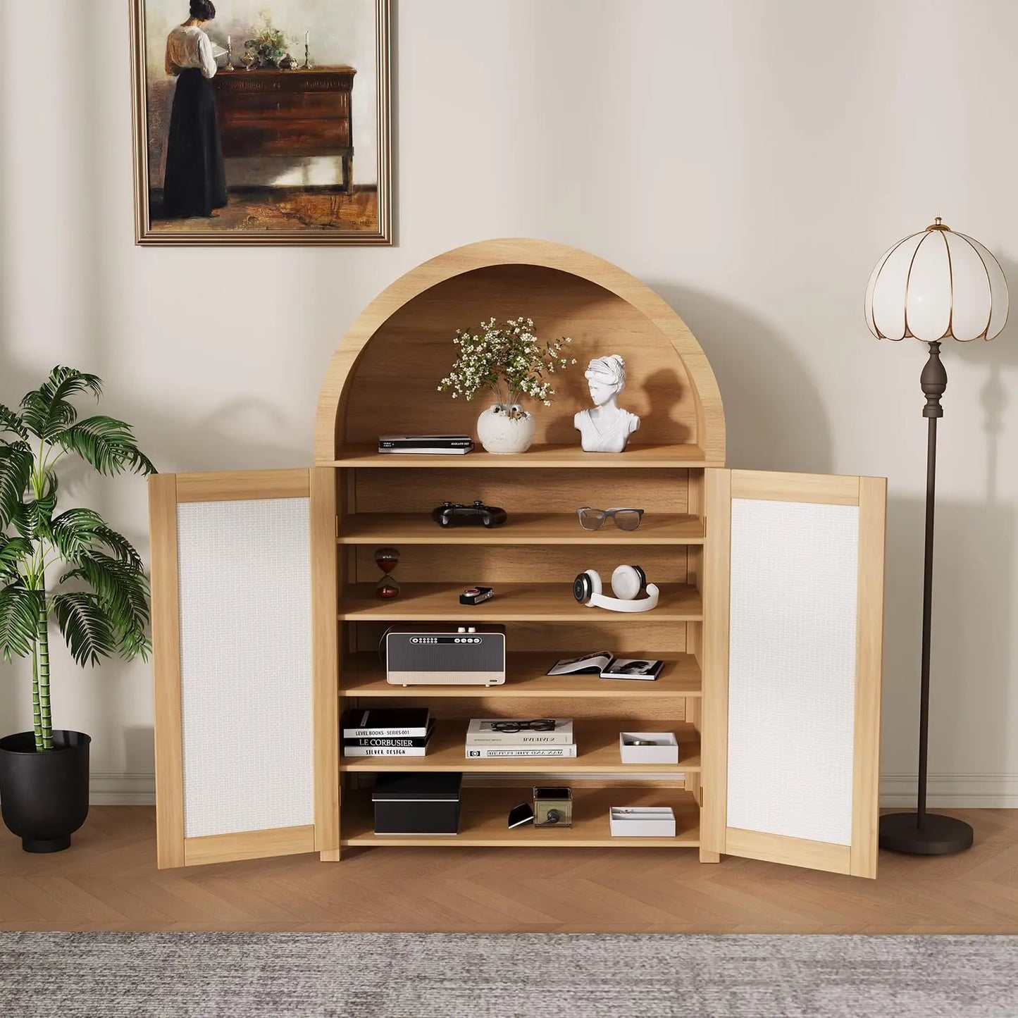 47'' Modern Arched Sideboard Buffet Cabinet with Storage Freestanding Small Kitchen Pantry Cabinet with Rattan Doors for Living