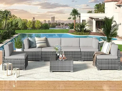 7 Piece Patio .PE Rattan Gray WickerOutdoor Sectional Furniture Chair Set