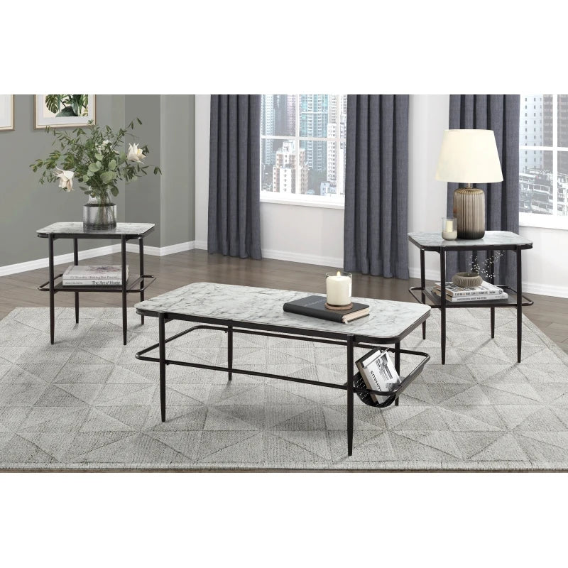 3pc Stylish Occasional Table Set White Marble Print Tempered Glass Top Coffee Table and End Tables Modern Home Furniture